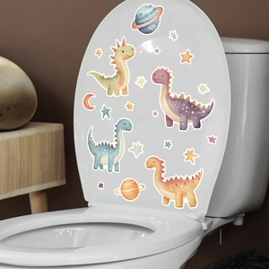 Watercolour cartoon dinosaur wall stickers shown on a white bathroom toilet lid surface