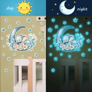 Luminous sleeping elephant wall sticker on moon with day and night glow effects