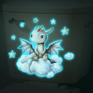 Luminous baby dragon and stars wall sticker glowing in blue on a toilet tank cover