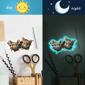 Stickers muraux 3D trou de souris lumineux avec souris réalistes pour décor jour et nuit