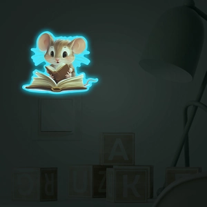 Glow-in-the-dark wall sticker featuring a cute cartoon mouse reading a book in blue neon