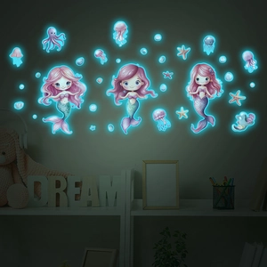 Glow In The Dark Mermaid Wall Stickers For Kids Room Decor Ocean World Cartoon Mermaid Sisters Fluorescent Luminous PVC Wall Decals