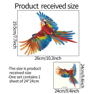 Detailed dimensions of a colorful flying macaw parrot self-adhesive home wall sticker