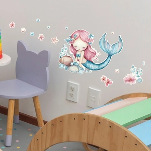 Detailed wall decals showing a cute mermaid with shells and starfish for room decor