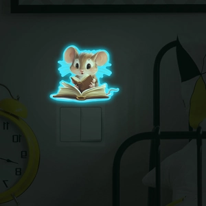 Luminous blue glow-in-the-dark wall sticker featuring a cute cartoon mouse reading a book