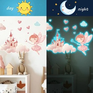 Luminous wall stickers with pink castle and fairy glow in the dark for kids room decoration