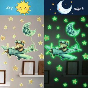 Cartoon Bear Airplane Luminous Wall Stickers Glow In The Dark Stars Moon Decor For Kids Nursery PVC Self Adhesive Decals