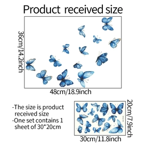 Dimensions des stickers papillon bleu montrant la planche 30x20cm et la pose finale