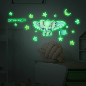 Luminous elephant wall decal set with stars and moon for kids bedroom decoration