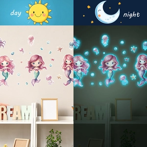 Glow-in-the-dark mermaid wall stickers for kids' rooms with day and night fluorescent effect