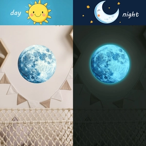 Luminous moon wall sticker showing day and night visual effects for bedroom decor
