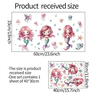 Luminous mermaid wall stickers showing product dimensions and application size