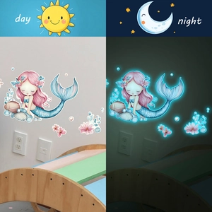 Glow in the dark little mermaid shell wall stickers for bedroom showing day and night effects
