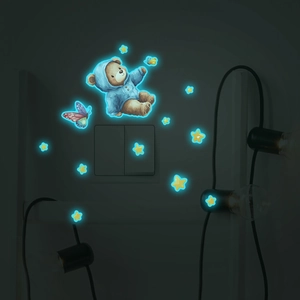 Luminous wall stickers set featuring a cute cartoon bear, butterflies and glowing stars