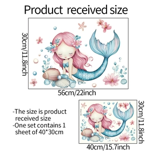 Detail of mermaid wall stickers with shell and bubble art including size dimensions