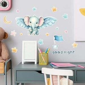 Luminous cartoon elephant and stars wall decal set displayed on a grey bedroom wall