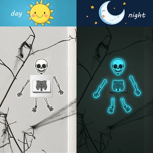 Luminous Halloween skeleton wall sticker for light switches with day and night blue glow effect