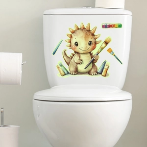 Sticker de toilette dinosaure mignon avec pinceaux sur un réservoir blanc