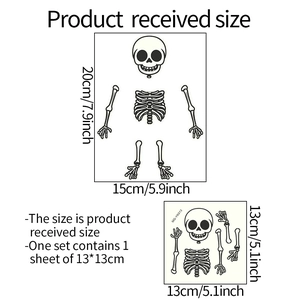 Detailed size guide for skeleton wall stickers showing 13x13cm sheet and 15x20cm layout