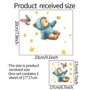 Detailed view of glowing bear sticker with stars and butterflies size measurements