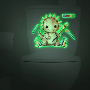 Autocollant de Toilette Lumineux Tricératops Dessin Animé Dinosaure Peinture PVC Décoration de Salle de Bain