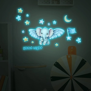 Luminous wall stickers featuring cartoon elephant, stars, and moon for kids room decor