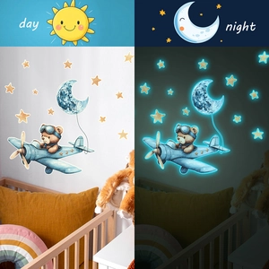 Luminous bear flying airplane wall decals with moon and stars for kids room day night view
