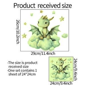 Detail view showing the 24x24cm sheet size of cartoon dragon glow wall stickers