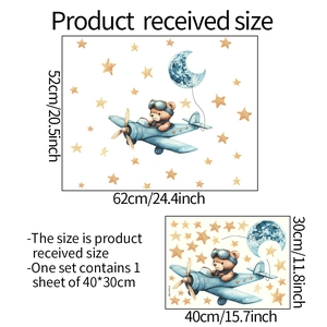 Detailed size chart for bear flying airplane wall stickers in 52x62cm and 30x40cm layouts