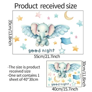 Luminous cartoon baby elephant wall stickers with moon and stars size guide for bedroom