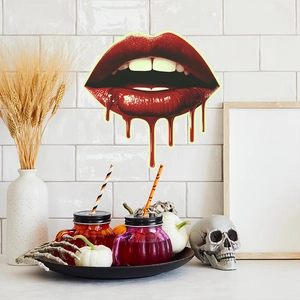 Sticker mural lèvres sanglantes gothiques avec décorations d'Halloween et citrouille