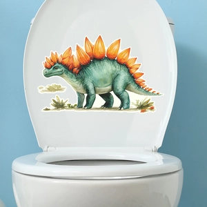 Detail of creative watercolor stegosaurus sticker applied on a white toilet seat cover