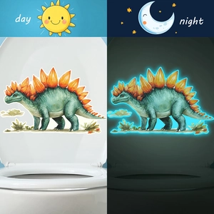 Luminous stegosaurus dinosaur toilet sticker showing day and night fluorescent glow effect