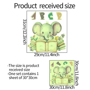 Lichtgevende olifant leest boeken muursticker set met ABC letters, 30x30cm wanddecoratie