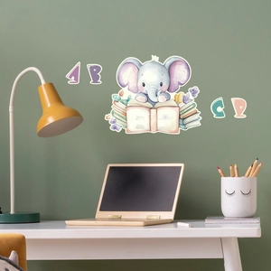Detailweergave van lichtgevende olifant muurstickers op een groene muur in een werkkamer