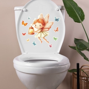 Luminous fairy and colorful butterflies wall sticker applied on a white toilet lid