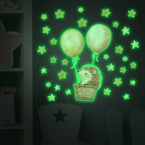 Luminous Cartoon Hedgehog Hot Air Balloon Star Wall Stickers Glow In The Dark PVC Decals For Kids Room Nursery Bedroom Decor