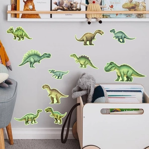 Luminous cartoon dinosaur wall stickers shown in a cozy children's bedroom decor