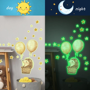 Luminous cartoon hedgehog wall stickers showing day and night glow effects