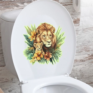 Luminous toilet seat sticker featuring lion and cub with tropical hibiscus flowers