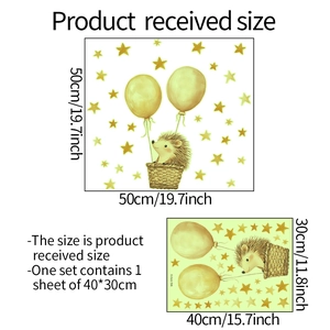 Luminous wall sticker with hedgehog in hot air balloon and stars, 40x30cm size