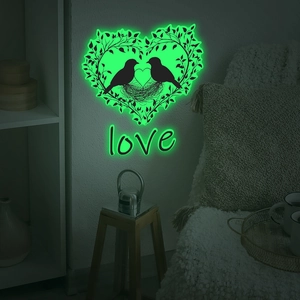 Sticker mural lumineux avec oiseaux amoureux et branches en forme de cœur pour salon