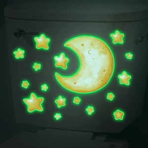 Luminous crescent moon and stars wall stickers with green glow effect for bathroom decor