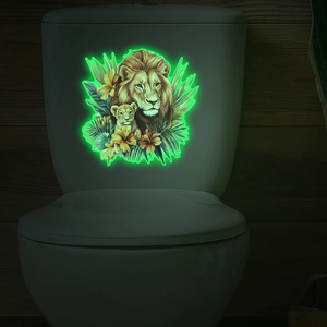 Luminous lion and cub toilet wall sticker with floral design glowing in the dark