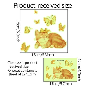 Luminous sleeping cat and yellow butterflies wall sticker decor set 15x16cm