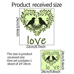 Vue détaillée du sticker mural oiseaux d'amour avec dimensions et spécifications