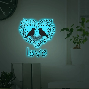 Sticker mural néon bleu canard avec oiseaux amoureux et cœur pour décor romantique