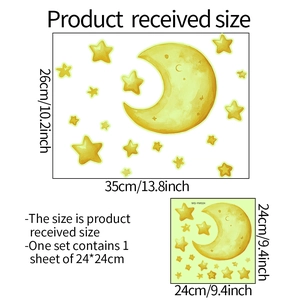 Luminous moon and stars wall stickers set with layout size dimensions for bathroom decor