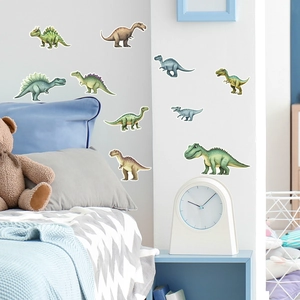 Detailed wall scene showing cartoon dinosaur glow-in-the-dark stickers in a child bedroom