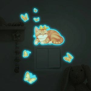 Luminous cartoon cat and butterfly wall stickers for bedroom light switch decor